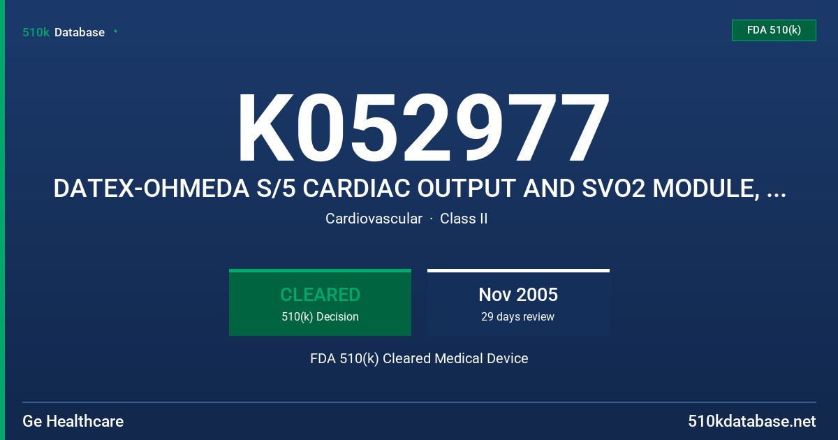 K052977 DATEX-OHMEDA S/5 CARDIAC OUTPUT AND SVO2 MODULE, E-COPSV AND ACCESSORIES FDA 510(k) Cleared Medical Device