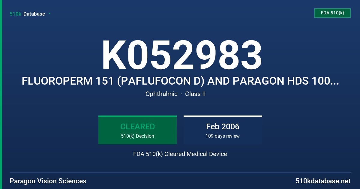 K052983 FLUOROPERM 151 (PAFLUFOCON D) AND PARAGON HDS 100 (PAFLUFOCON D) RIGID GAS PERMEABLE CONTACT LENSES FDA 510(k) Cleared Medical Device