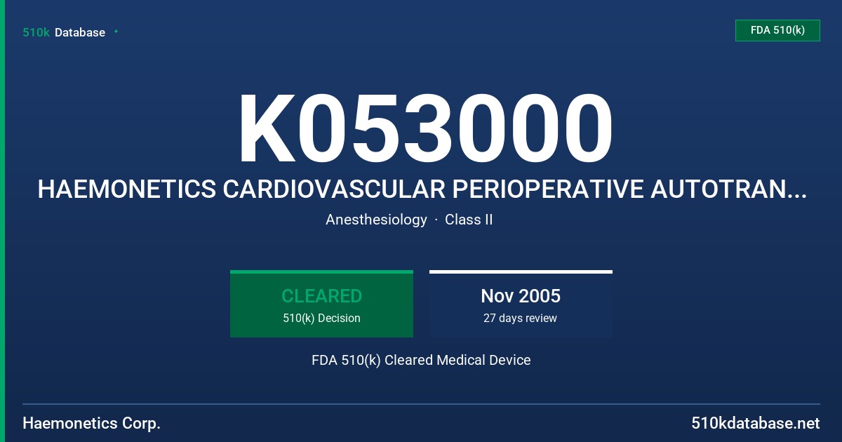 K053000 HAEMONETICS CARDIOVASCULAR PERIOPERATIVE AUTOTRANSFUSION SYSTEM (CARDIOPAT) FDA 510(k) Cleared Medical Device