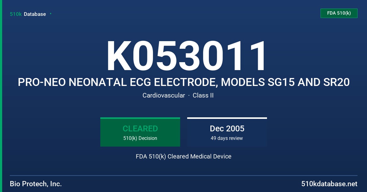 K053011 PRO-NEO NEONATAL ECG ELECTRODE, MODELS SG15 AND SR20 FDA 510(k) Cleared Medical Device