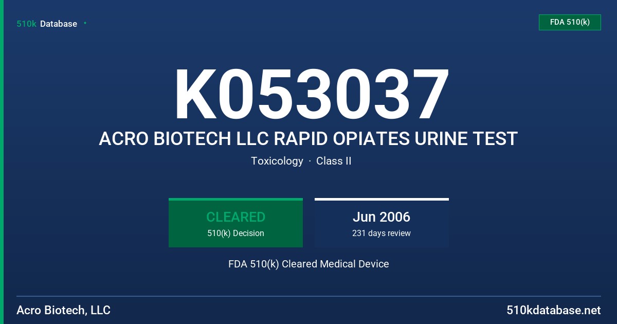K053037 ACRO BIOTECH LLC RAPID OPIATES URINE TEST FDA 510(k) Cleared Medical Device