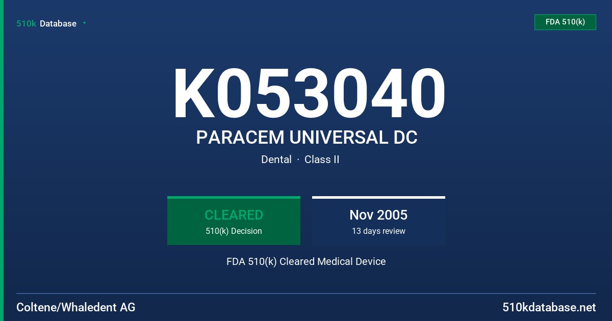 K053040 PARACEM UNIVERSAL DC FDA 510(k) Cleared Medical Device