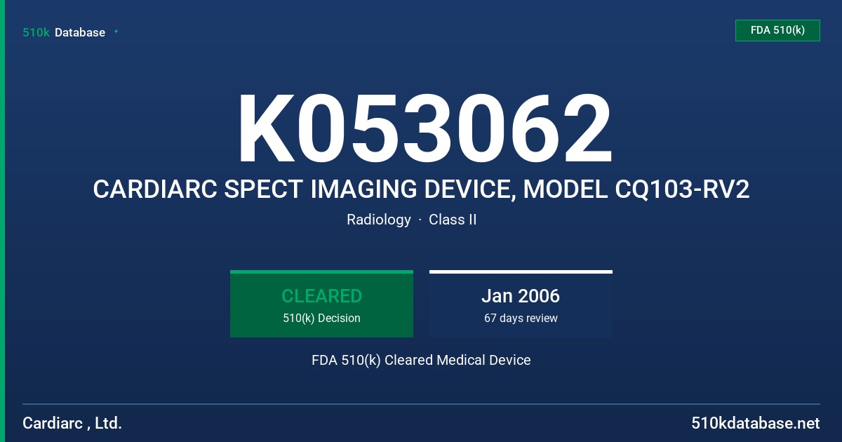 K053062 CARDIARC SPECT IMAGING DEVICE, MODEL CQ103-RV2 FDA 510(k) Cleared Medical Device