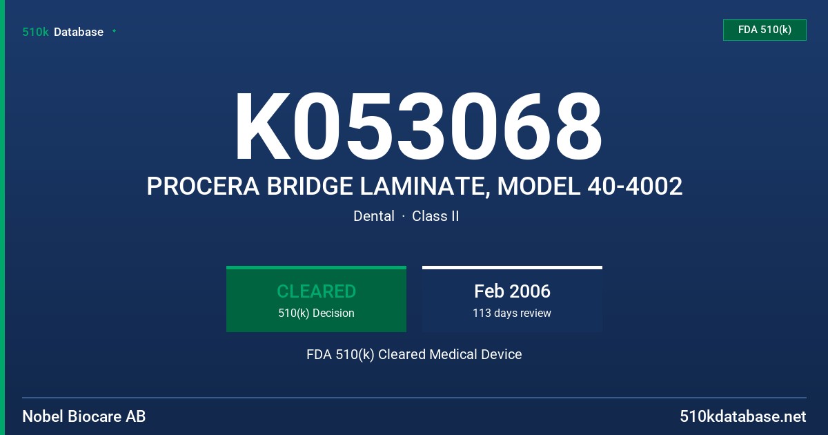 K053068 PROCERA BRIDGE LAMINATE, MODEL 40-4002 FDA 510(k) Cleared Medical Device