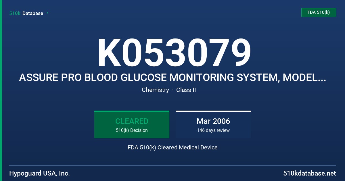 K053079 ASSURE PRO BLOOD GLUCOSE MONITORING SYSTEM, MODEL 460001 FDA 510(k) Cleared Medical Device