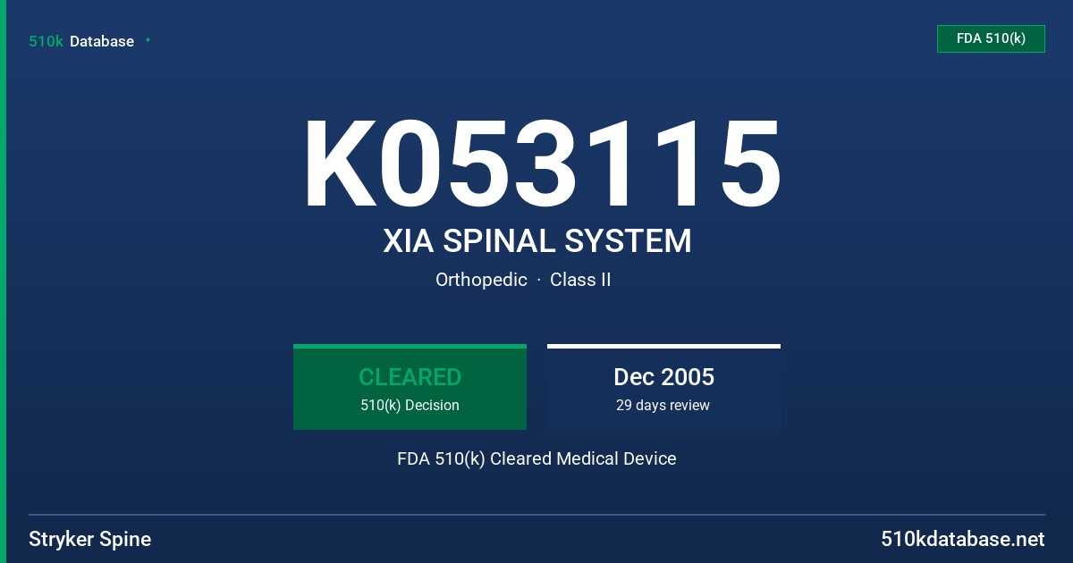 K053115 XIA SPINAL SYSTEM FDA 510(k) Cleared Medical Device