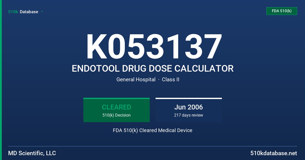 K053137 ENDOTOOL DRUG DOSE CALCULATOR FDA 510(k) Cleared Medical Device