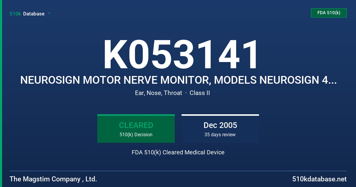 K053141 NEUROSIGN MOTOR NERVE MONITOR, MODELS NEUROSIGN 400 & 800 FDA 510(k) Cleared Medical Device