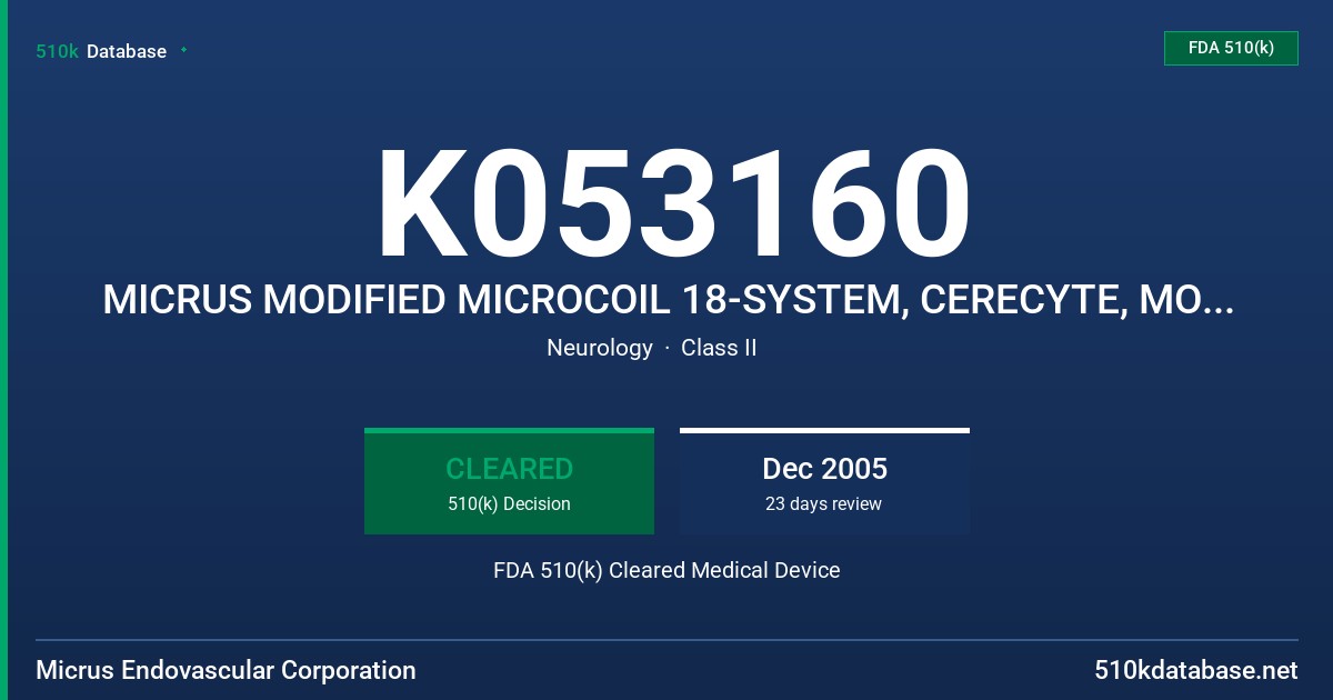 K053160 MICRUS MODIFIED MICROCOIL 18-SYSTEM, CERECYTE, MODEL CSP & CHE FDA 510(k) Cleared Medical Device