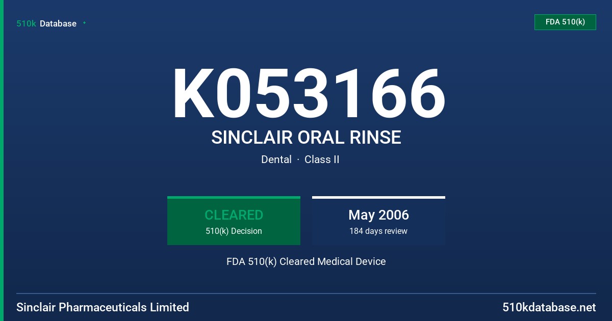 K053166 SINCLAIR ORAL RINSE FDA 510(k) Cleared Medical Device
