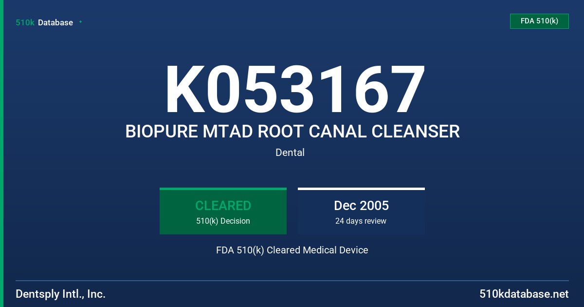 K053167 BIOPURE MTAD ROOT CANAL CLEANSER FDA 510(k) Cleared Medical Device