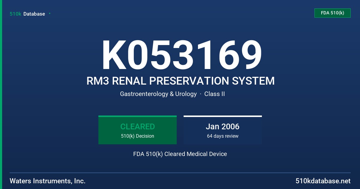 K053169 RM3 RENAL PRESERVATION SYSTEM FDA 510(k) Cleared Medical Device