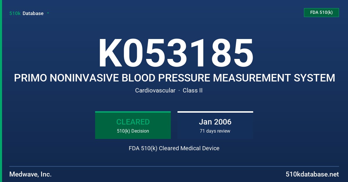 K053185 PRIMO NONINVASIVE BLOOD PRESSURE MEASUREMENT SYSTEM FDA 510(k) Cleared Medical Device