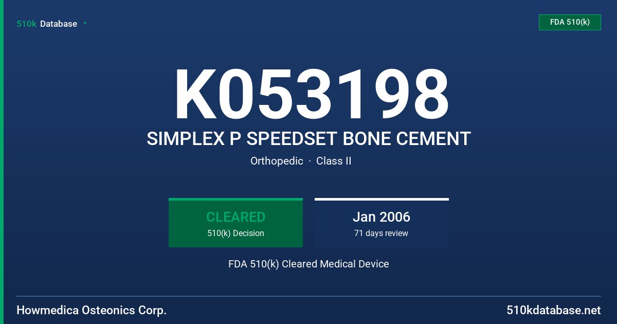 K053198 SIMPLEX P SPEEDSET BONE CEMENT FDA 510(k) Cleared Medical Device