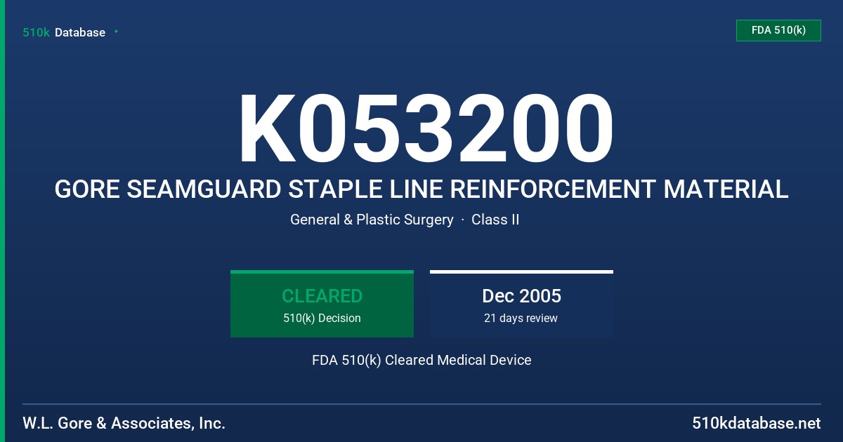 K053200 GORE SEAMGUARD STAPLE LINE REINFORCEMENT MATERIAL FDA 510(k) Cleared Medical Device