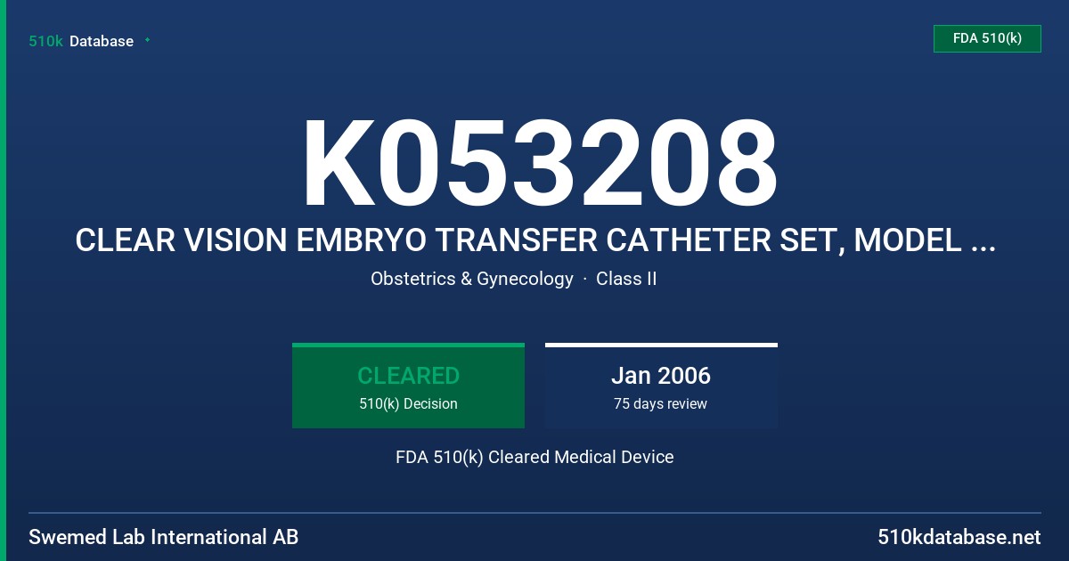 K053208 CLEAR VISION EMBRYO TRANSFER CATHETER SET, MODEL B100000 - B 100007 FDA 510(k) Cleared Medical Device