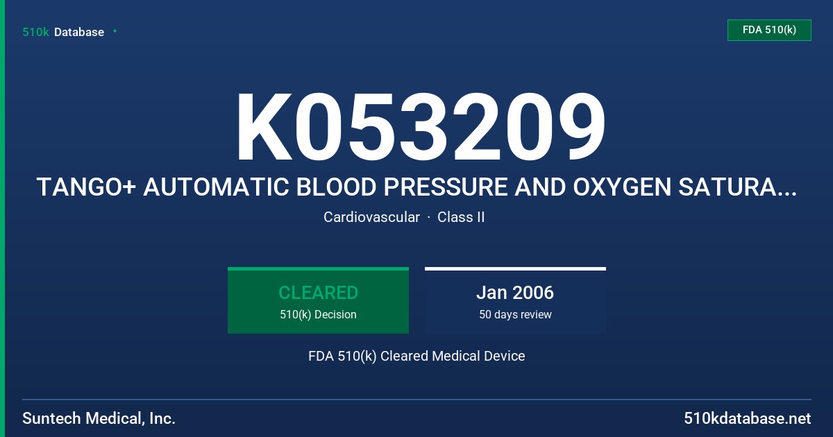 K053209 TANGO+ AUTOMATIC BLOOD PRESSURE AND OXYGEN SATURATION MEASUREMENT SYSTEM FDA 510(k) Cleared Medical Device
