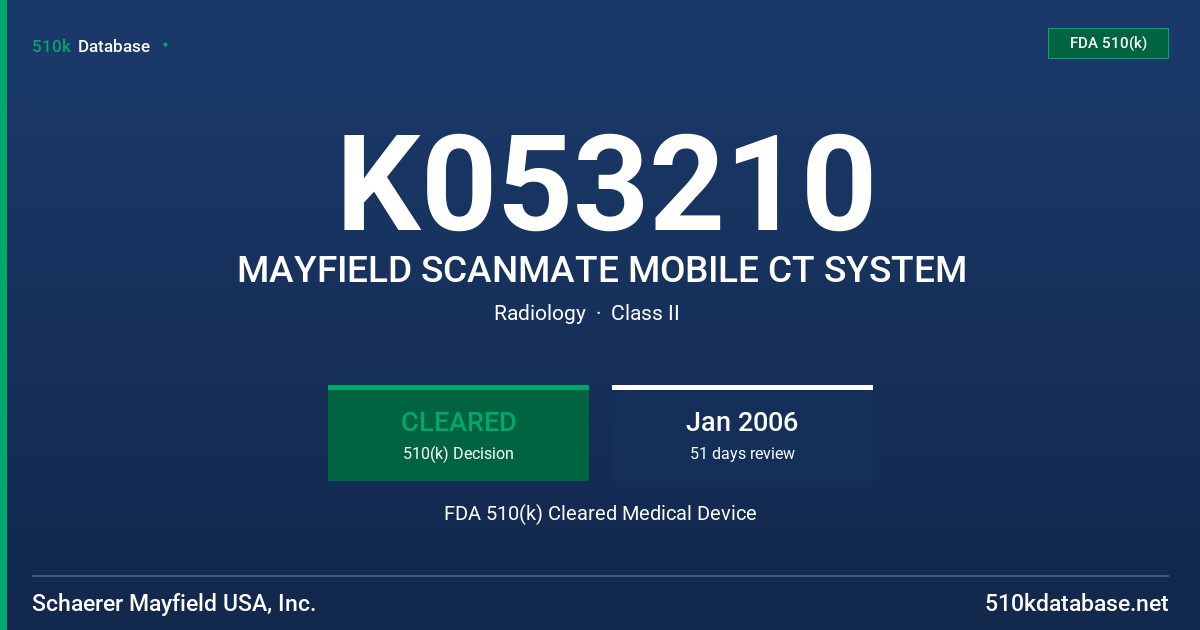 K053210 MAYFIELD SCANMATE MOBILE CT SYSTEM FDA 510(k) Cleared Medical Device