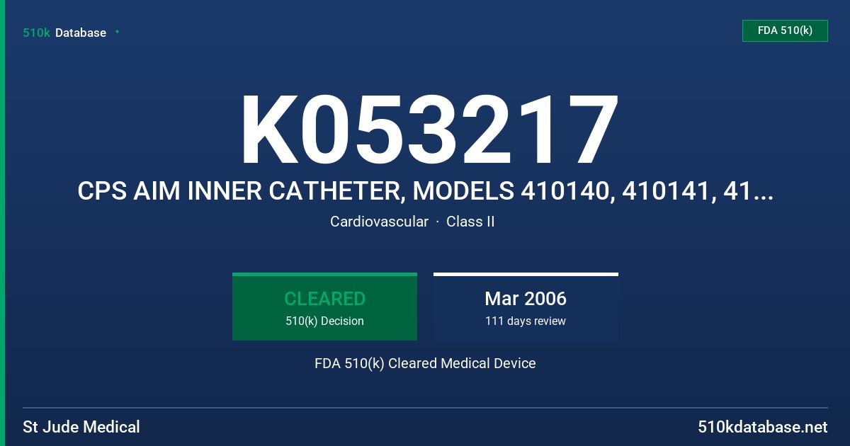 K053217 CPS AIM INNER CATHETER, MODELS 410140, 410141, 410142, 410144, 410145, 410146, 410147, 410148 FDA 510(k) Cleared Medical Device