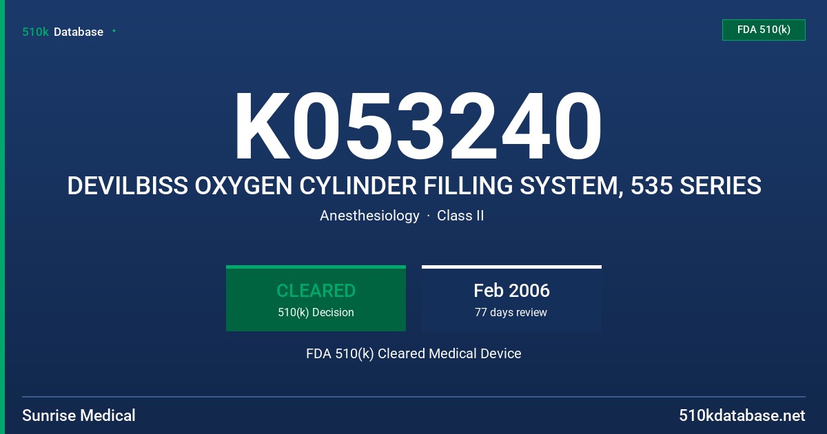 K053240 DEVILBISS OXYGEN CYLINDER FILLING SYSTEM, 535 SERIES FDA 510(k) Cleared Medical Device
