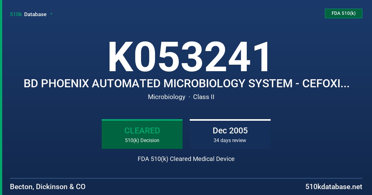 K053241 BD PHOENIX AUTOMATED MICROBIOLOGY SYSTEM - CEFOXITIN GP 1-32 G/ML FDA 510(k) Cleared Medical Device