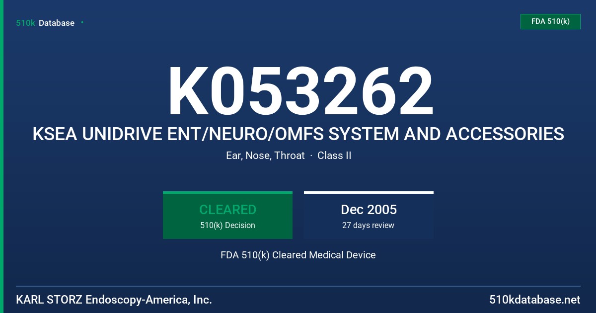 K053262 KSEA UNIDRIVE ENT/NEURO/OMFS SYSTEM AND ACCESSORIES FDA 510(k) Cleared Medical Device