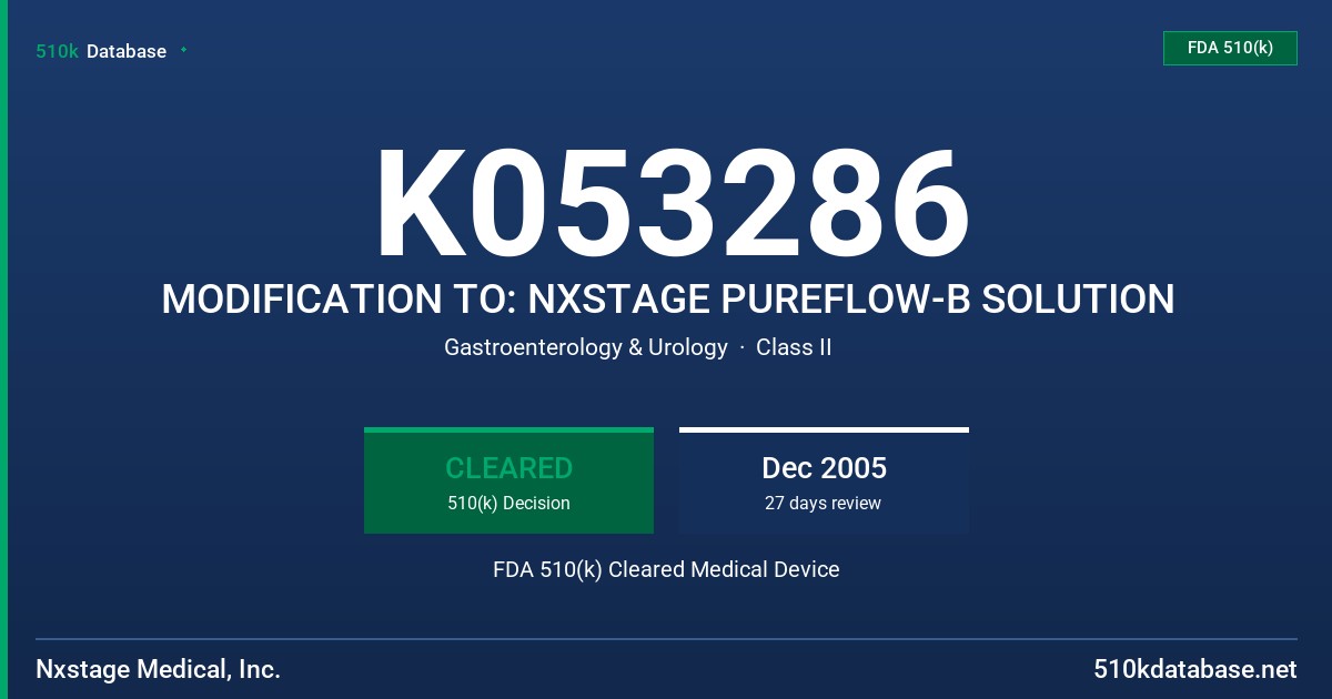 K053286 MODIFICATION TO: NXSTAGE PUREFLOW-B SOLUTION FDA 510(k) Cleared Medical Device