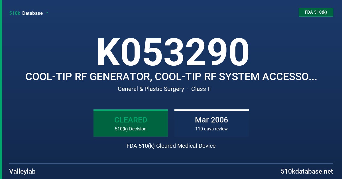 K053290 COOL-TIP RF GENERATOR, COOL-TIP RF SYSTEM ACCESSORIES FDA 510(k) Cleared Medical Device