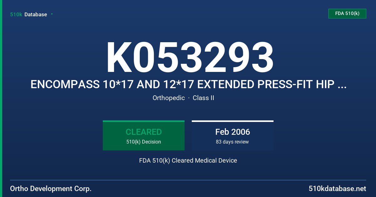 K053293 ENCOMPASS 10*17 AND 12*17 EXTENDED PRESS-FIT HIP STEMS FDA 510(k) Cleared Medical Device