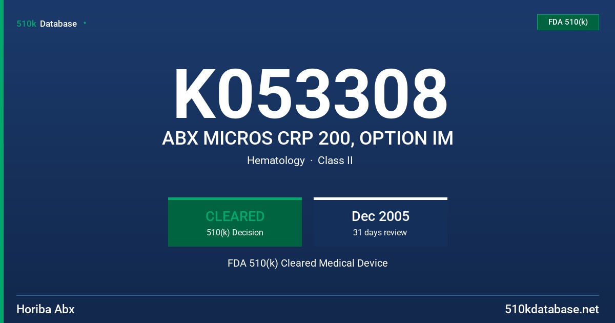K053308 ABX MICROS CRP 200, OPTION IM FDA 510(k) Cleared Medical Device