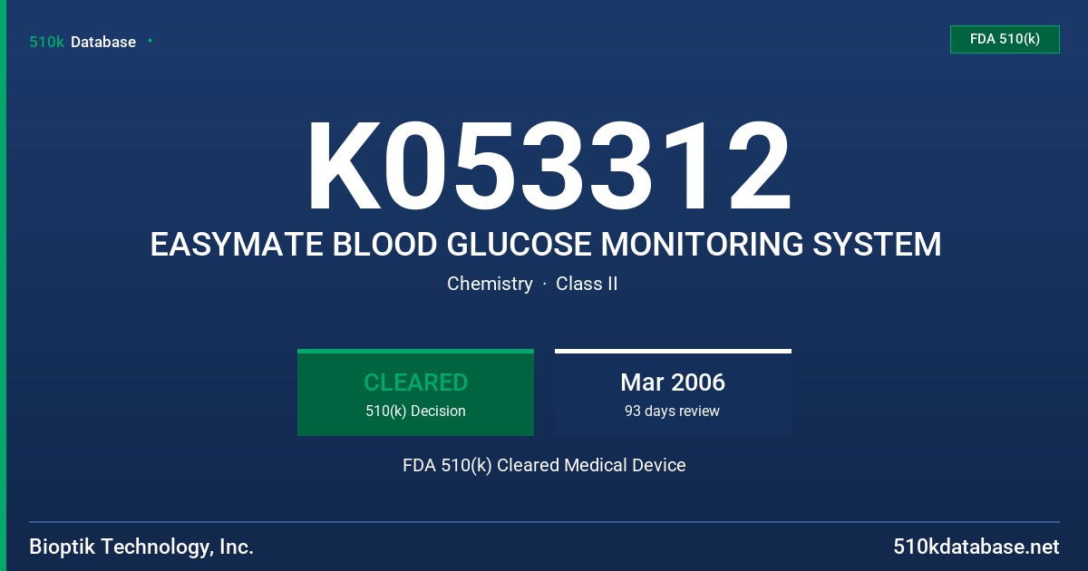K053312 EASYMATE BLOOD GLUCOSE MONITORING SYSTEM FDA 510(k) Cleared Medical Device