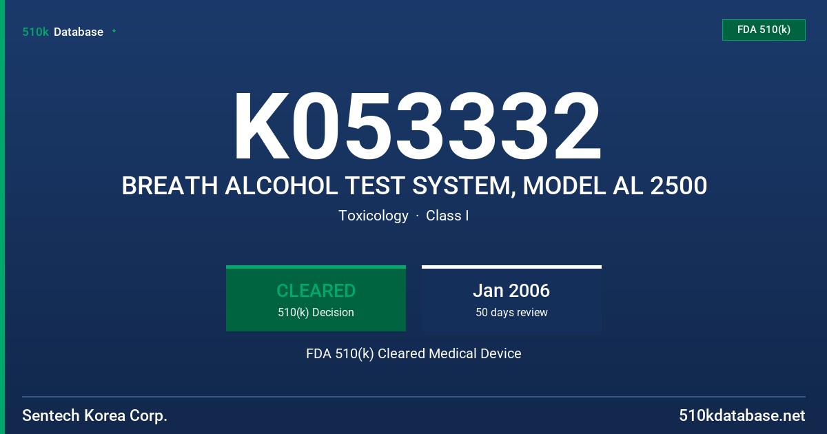 K053332 BREATH ALCOHOL TEST SYSTEM, MODEL AL 2500 FDA 510(k) Cleared Medical Device