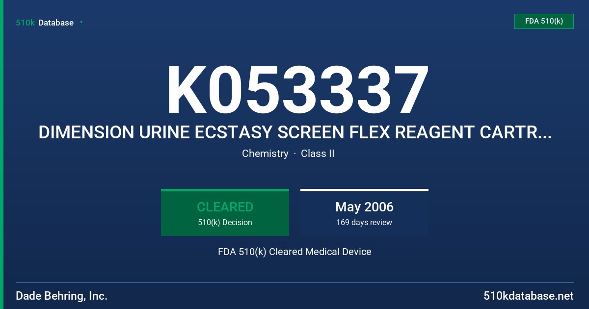 K053337 DIMENSION URINE ECSTASY SCREEN FLEX REAGENT CARTRIDGE, MODEL DF 109 FDA 510(k) Cleared Medical Device