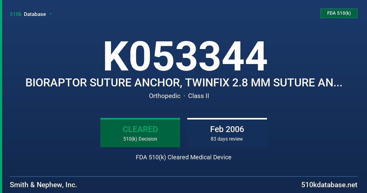 K053344 BIORAPTOR SUTURE ANCHOR, TWINFIX 2.8 MM SUTURE ANCHOR, TWINFIX 3.5 MM SUTURE ANCHOR FDA 510(k) Cleared Medical Device