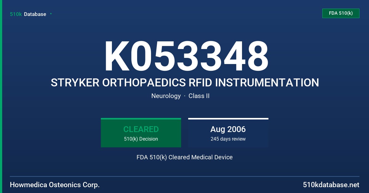 K053348 STRYKER ORTHOPAEDICS RFID INSTRUMENTATION FDA 510(k) Cleared Medical Device