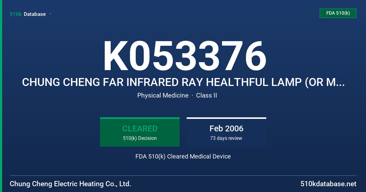 K053376 CHUNG CHENG FAR INFRARED RAY HEALTHFUL LAMP (OR MEDICAL FIR RADIATOR), MODEL CH-8810 FDA 510(k) Cleared Medical Device
