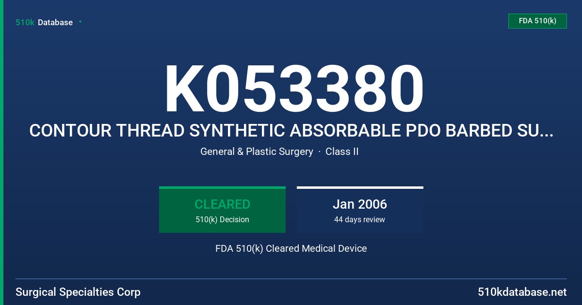 K053380 CONTOUR THREAD SYNTHETIC ABSORBABLE PDO BARBED SUTURE FDA 510(k) Cleared Medical Device
