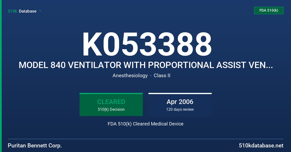 K053388 MODEL 840 VENTILATOR WITH PROPORTIONAL ASSIST VENTILATION PLUS SOFTWARE OPTION FDA 510(k) Cleared Medical Device