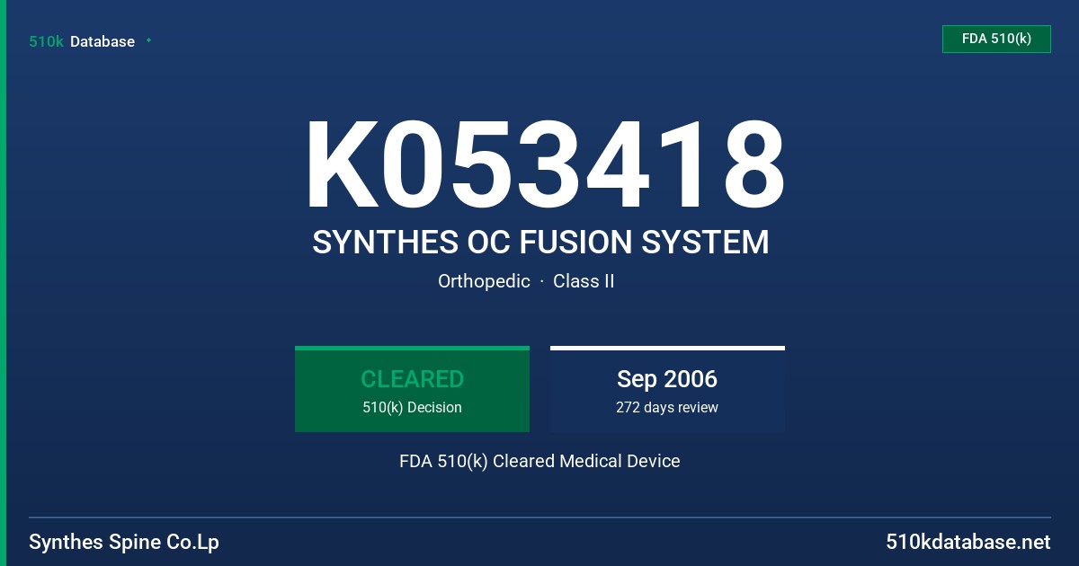 K053418 SYNTHES OC FUSION SYSTEM FDA 510(k) Cleared Medical Device