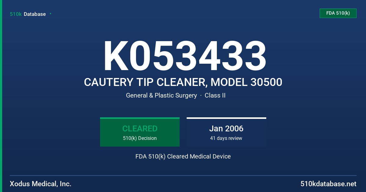 K053433 CAUTERY TIP CLEANER, MODEL 30500 FDA 510(k) Cleared Medical Device