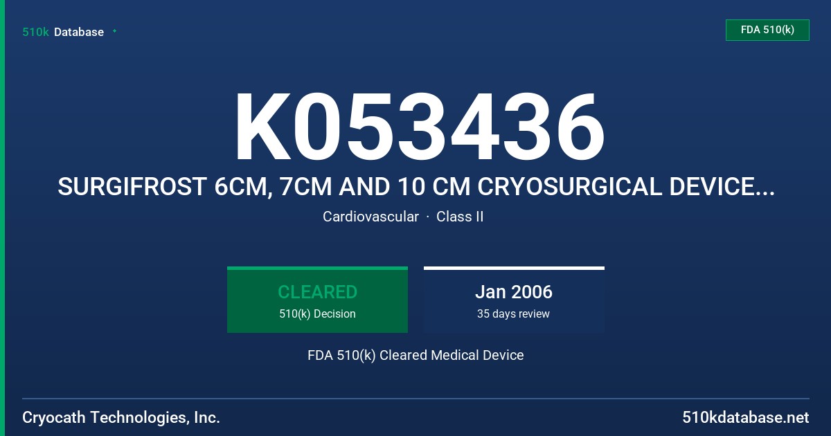 K053436 SURGIFROST 6CM, 7CM AND 10 CM CRYOSURGICAL DEVICES PLUS FROSTBYTE CLAMP AND CRYOSURGICAL CONSOLE FDA 510(k) Cleared Medical Device