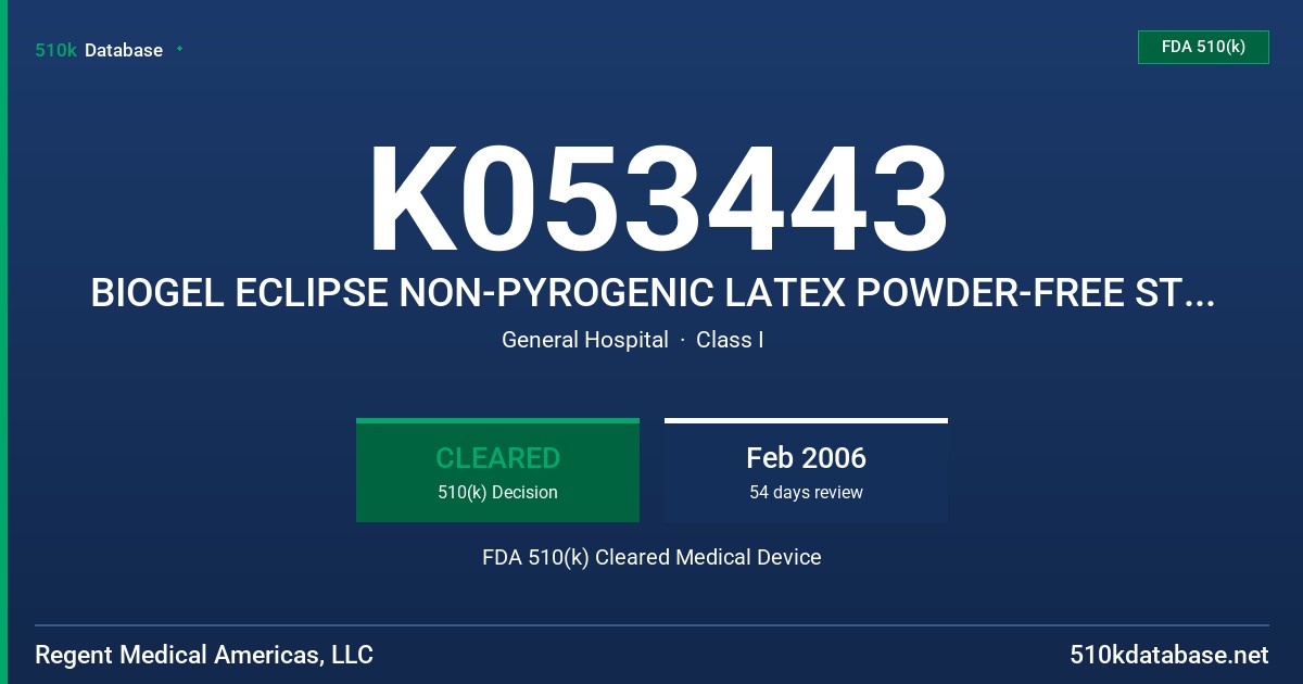 K053443 BIOGEL ECLIPSE NON-PYROGENIC LATEX POWDER-FREE STERILE SURGEON'S GLOVE FDA 510(k) Cleared Medical Device