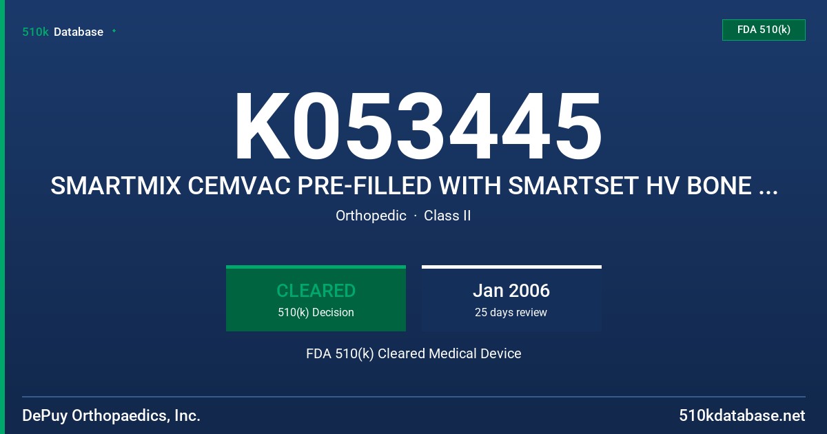 K053445 SMARTMIX CEMVAC PRE-FILLED WITH SMARTSET HV BONE CEMENT FDA 510(k) Cleared Medical Device
