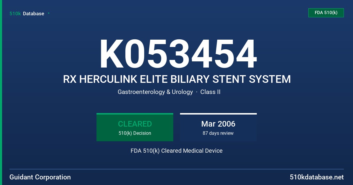 K053454 RX HERCULINK ELITE BILIARY STENT SYSTEM FDA 510(k) Cleared Medical Device
