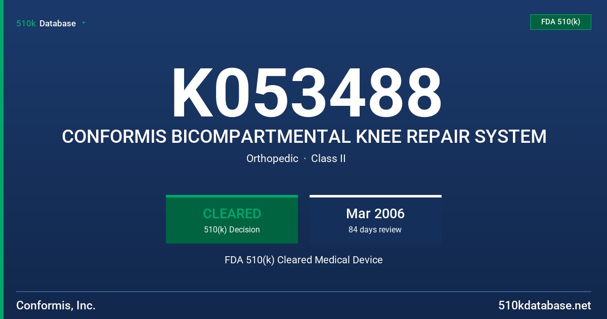 K053488 CONFORMIS BICOMPARTMENTAL KNEE REPAIR SYSTEM FDA 510(k) Cleared Medical Device