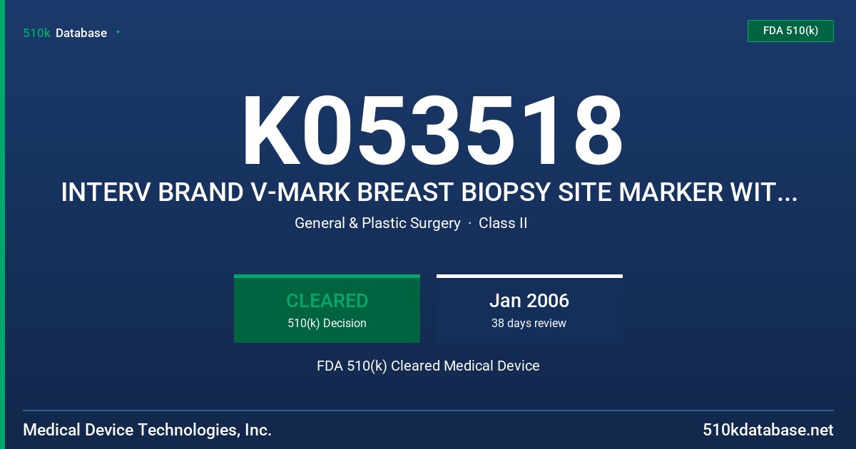 K053518 INTERV BRAND V-MARK BREAST BIOPSY SITE MARKER WITH TITANIUM ANCHOR FDA 510(k) Cleared Medical Device