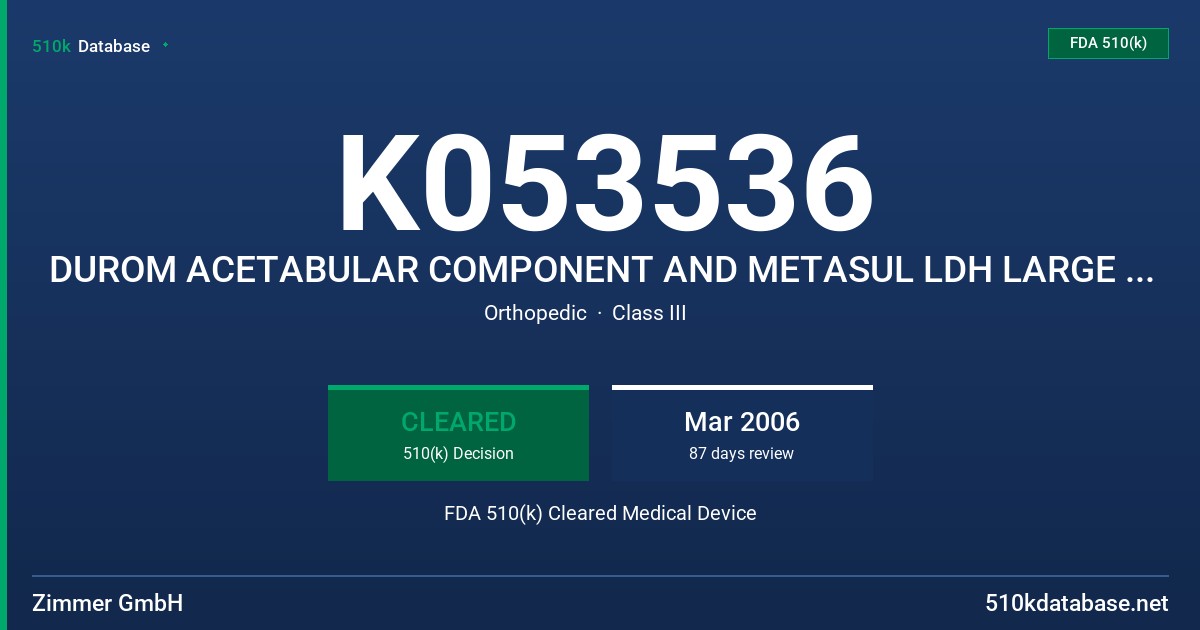 K053536 DUROM ACETABULAR COMPONENT AND METASUL LDH LARGE DIAMETER HEADS FDA 510(k) Cleared Medical Device