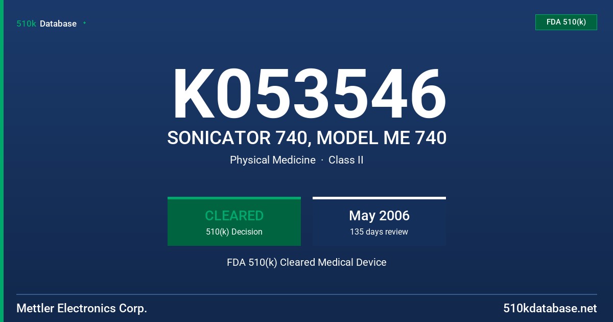 K053546 SONICATOR 740, MODEL ME 740 FDA 510(k) Cleared Medical Device