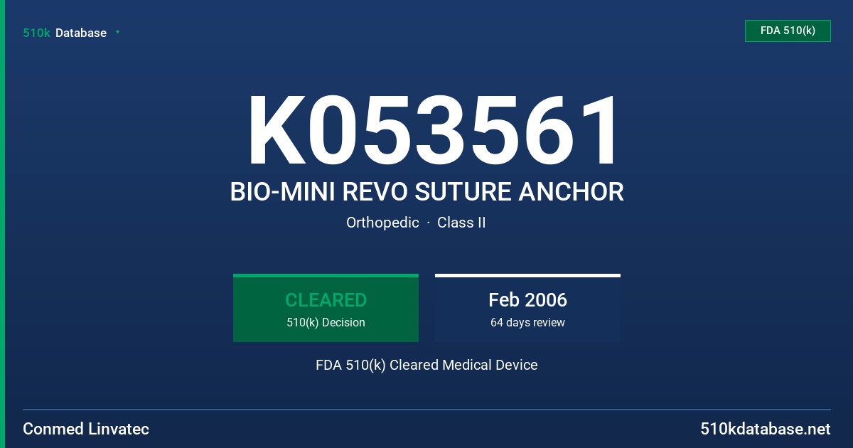 K053561 BIO-MINI REVO SUTURE ANCHOR FDA 510(k) Cleared Medical Device