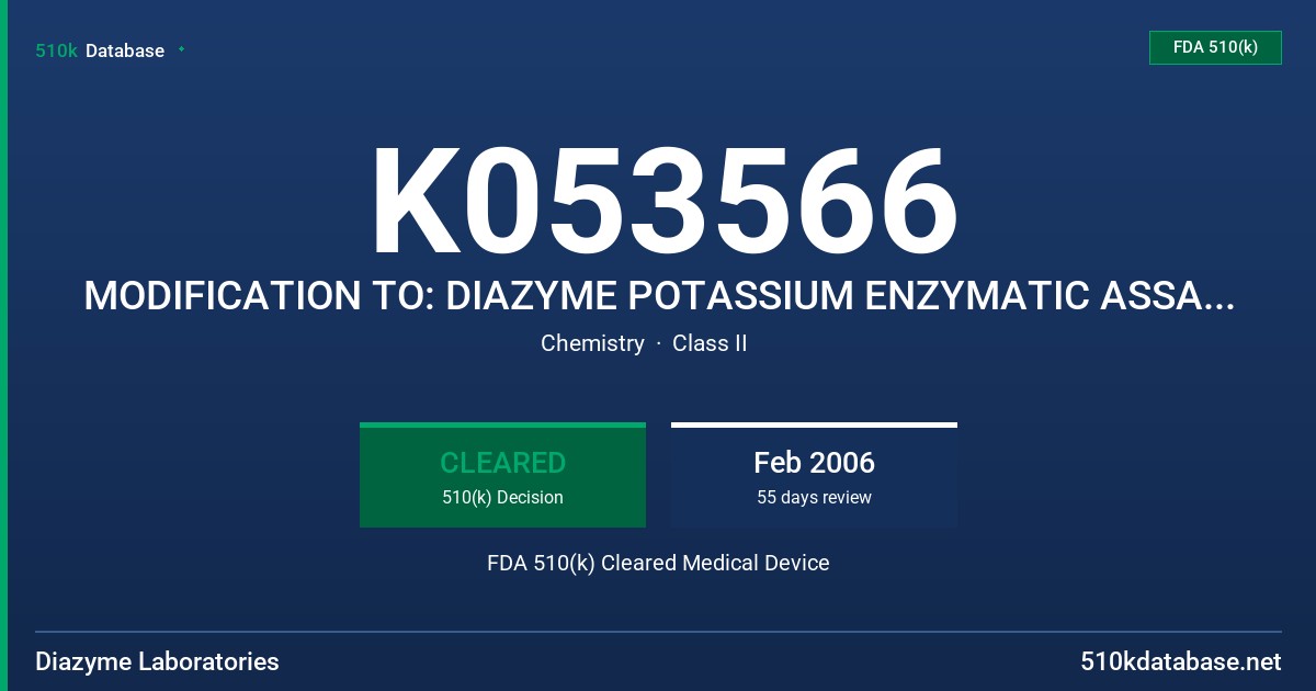 K053566 MODIFICATION TO: DIAZYME POTASSIUM ENZYMATIC ASSAY, MODEL DZ113A FDA 510(k) Cleared Medical Device